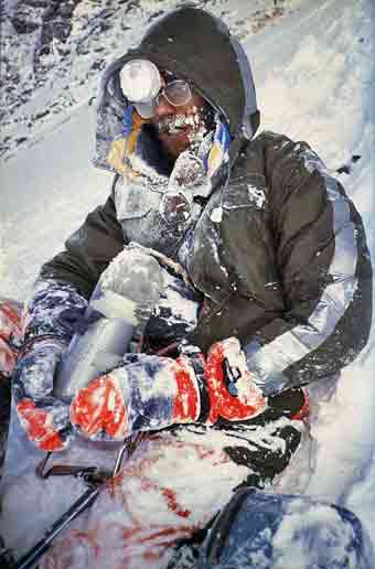 
Stephen Venables back at the South Col after a harrowing descent and bivouac at 8600m after reaching the summit of Mount Everest on May 12, 1988 - Everest Kangshung Face book
